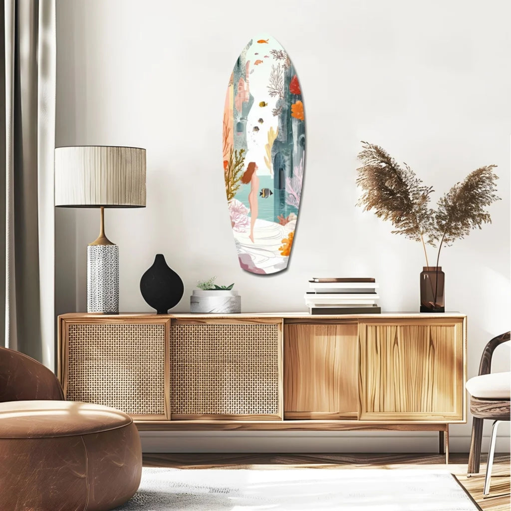 Vibrant mermaid surfboard tempered glass art with colorful underwater paradise