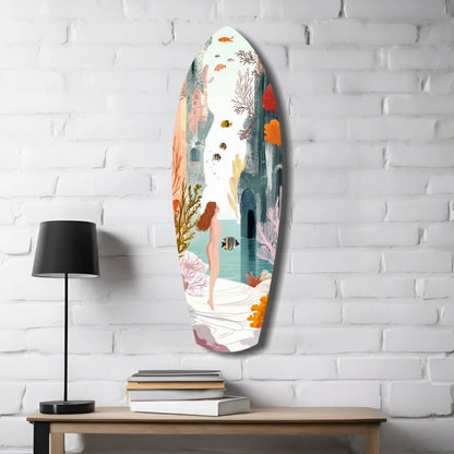 Vibrant mermaid tempered glass art surfboard with underwater paradise scene