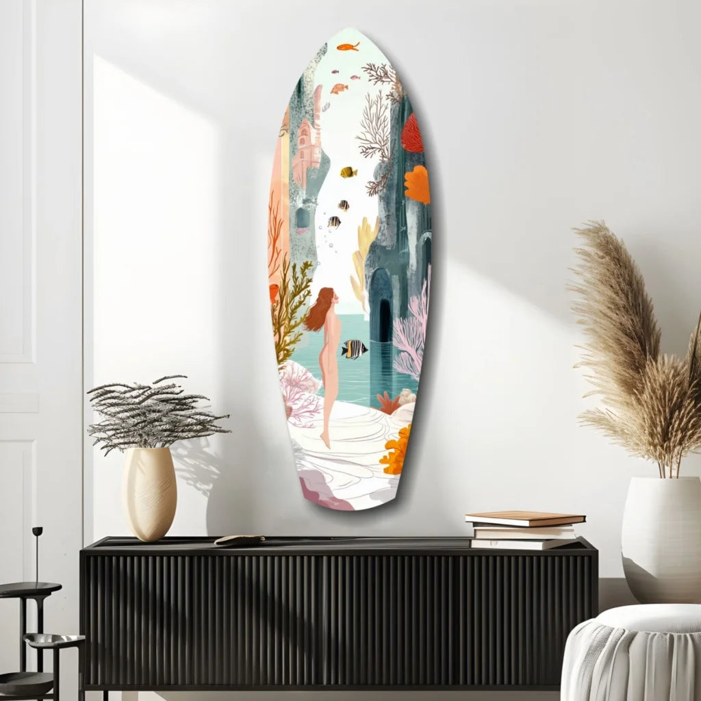 Vibrant mermaid surfboard tempered glass art with underwater paradise scene