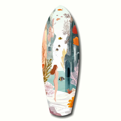 Colorful mermaid surfboard tempered glass art with underwater paradise scene
