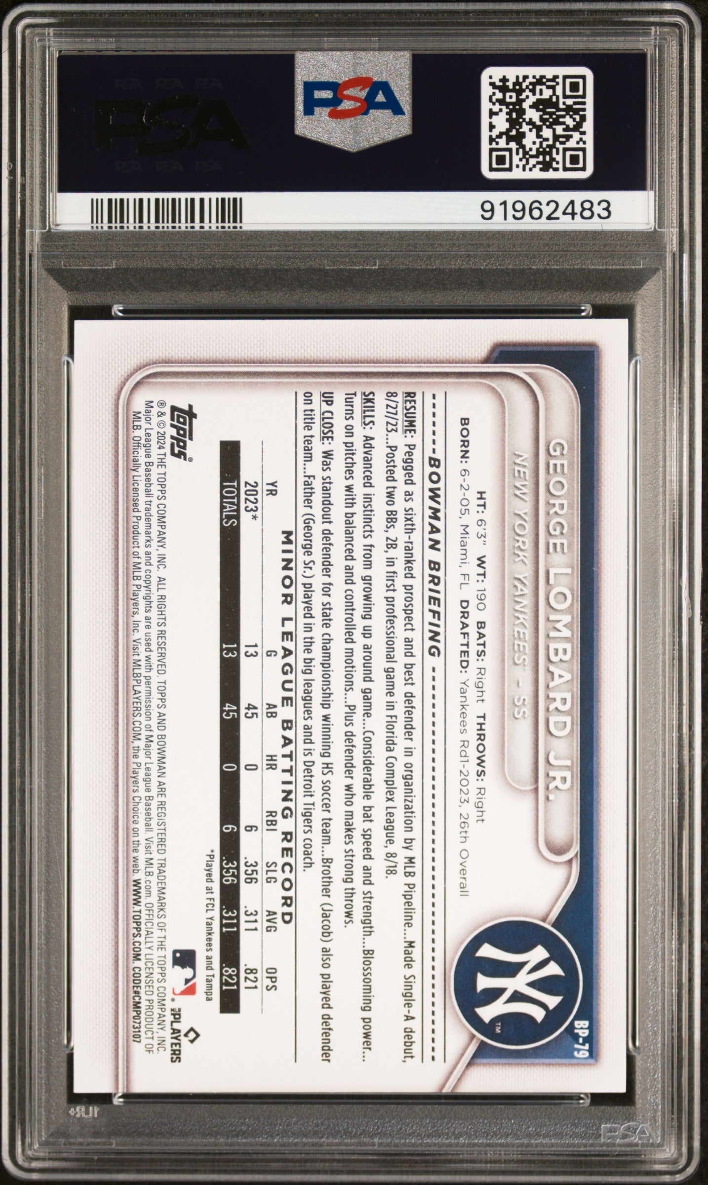 Graded 2024 Topps Bowman George Lombard Jr Paper Prospects Rookie RC Baseball Card PSA 10 Gem Mint