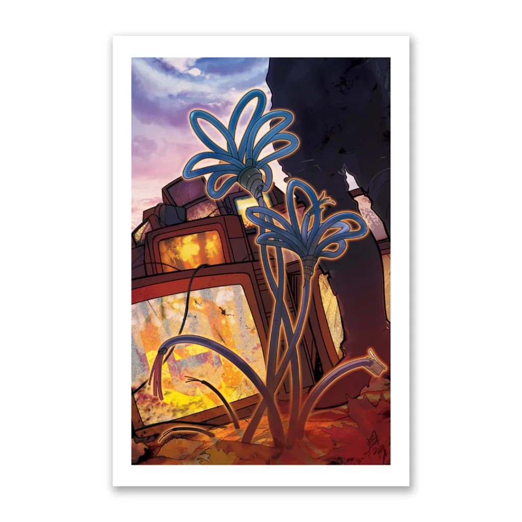 Vibrant Val Halvorson illustration of blue wire-like flowers growing from TVs