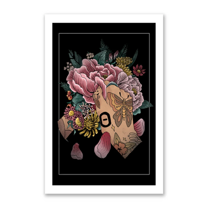 Val Halvorson art print with tattooed arm and vibrant flowers in a black background