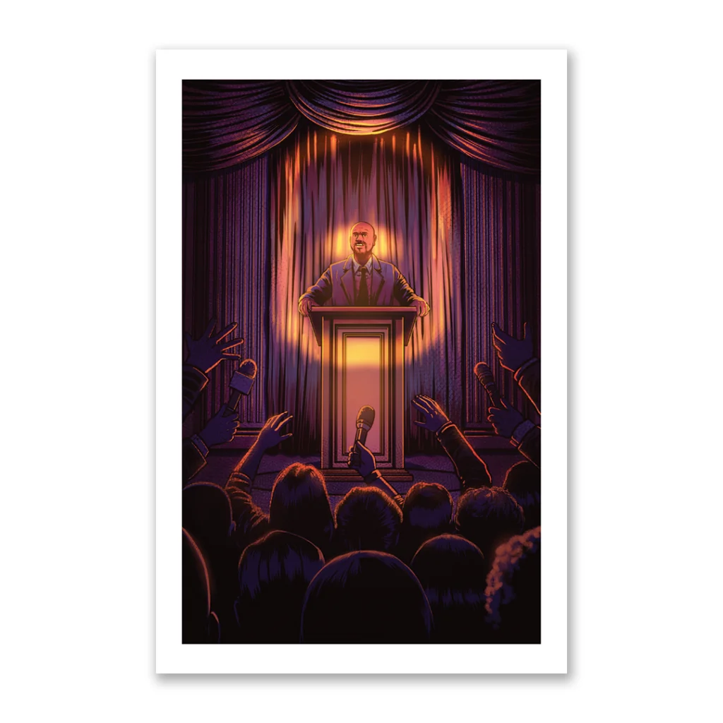 Illustrated poster of Val Halvorson speaking at a podium under spotlight for Nowhere Generation