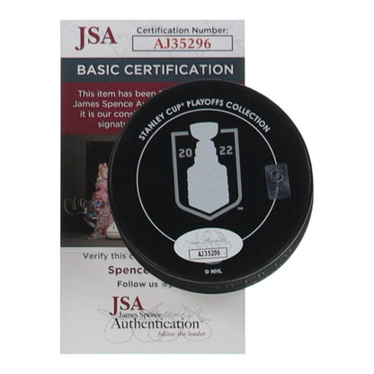 Black Stanley Cup Champions logo hockey puck with JSA certification sticker and 2022 playoffs