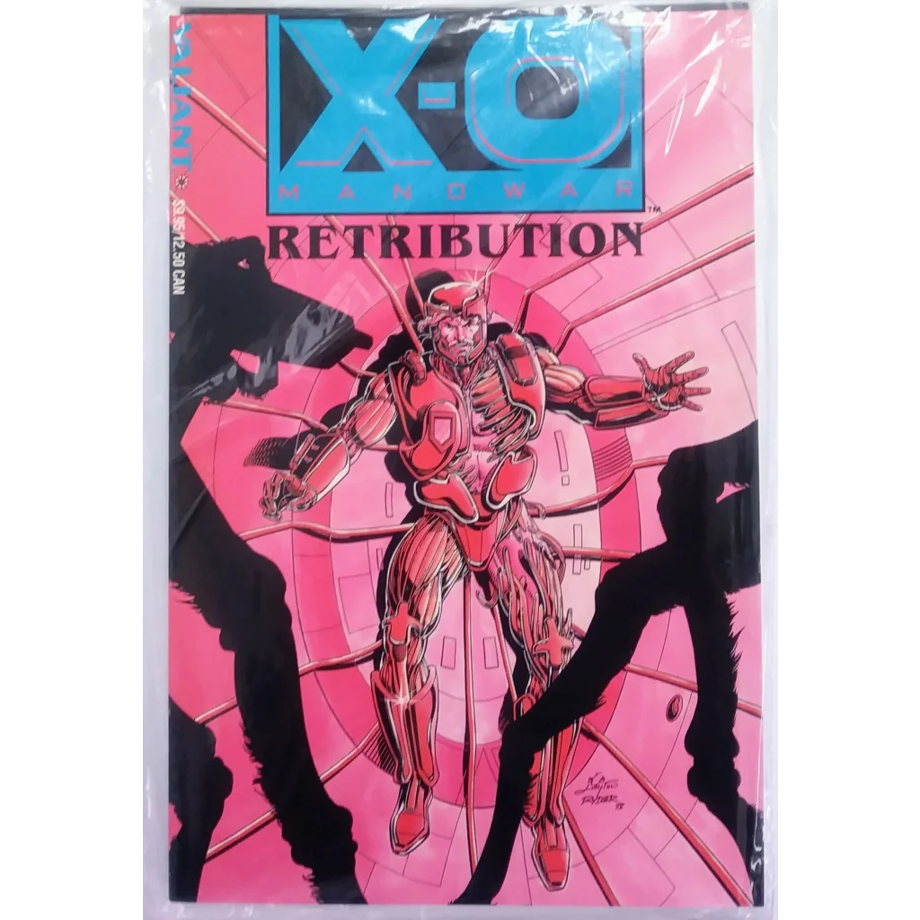 Dynamic X-O Manowar pose on pink black comic book cover, Manowar Retribution epic
