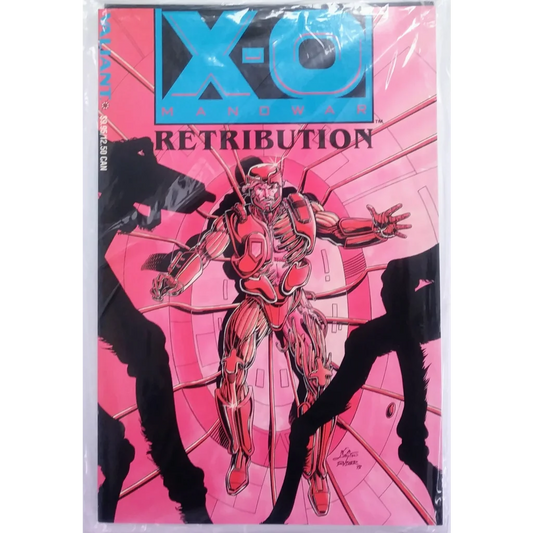 Dynamic X-O Manowar pose on pink black comic book cover, Manowar Retribution epic