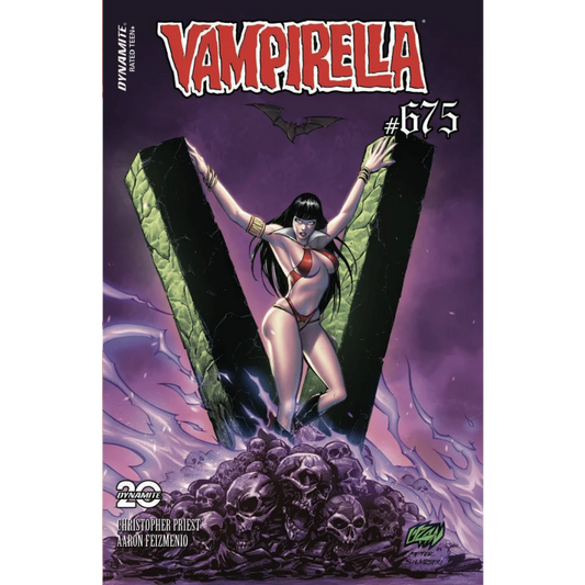Vampirella comic with woman in red bikini between green pillars over skulls, Uzan exclusive