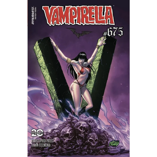 Vampirella #675 comic book cover featuring vampirella in a red bikini between green pillars with skulls, east coast comics franck uzan exclusive