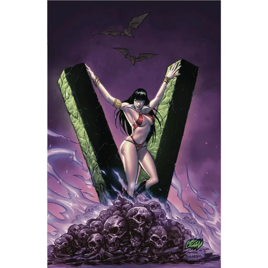 A woman in a red bikini stands on skulls gripping a glowing green and black v stone in vampirella 675 by franck uzan