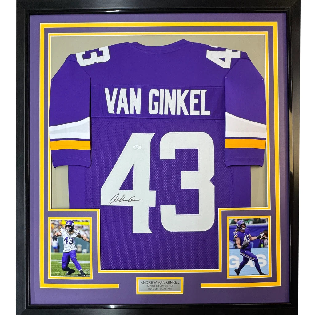 Van Ginkel signed purple basketball jersey with white frame and gold accents
