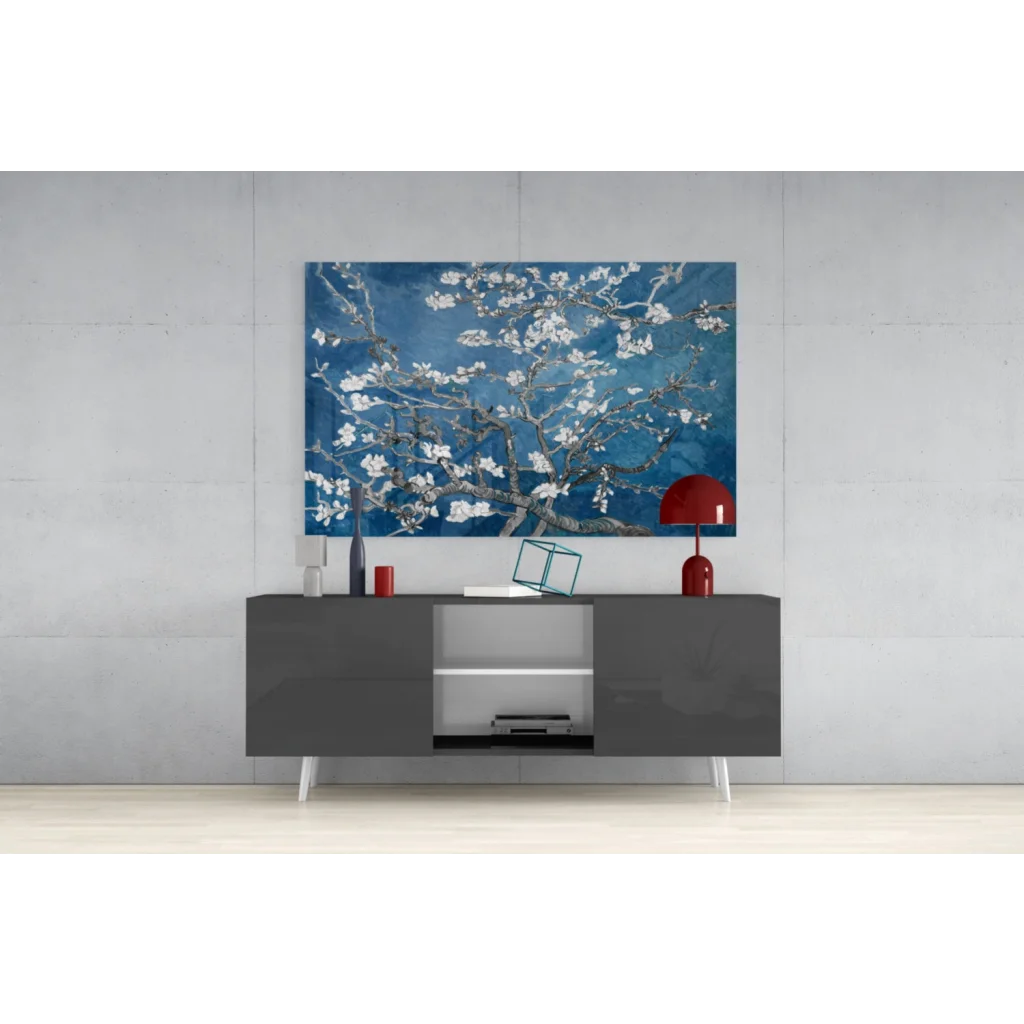 Vibrant blue Van Gogh Almond Blossom glass wall art above gray console