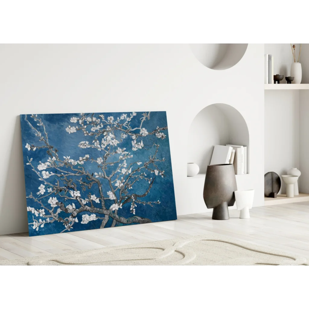 Blue Van Gogh Almond Blossom glass wall art with minimalist white flowers