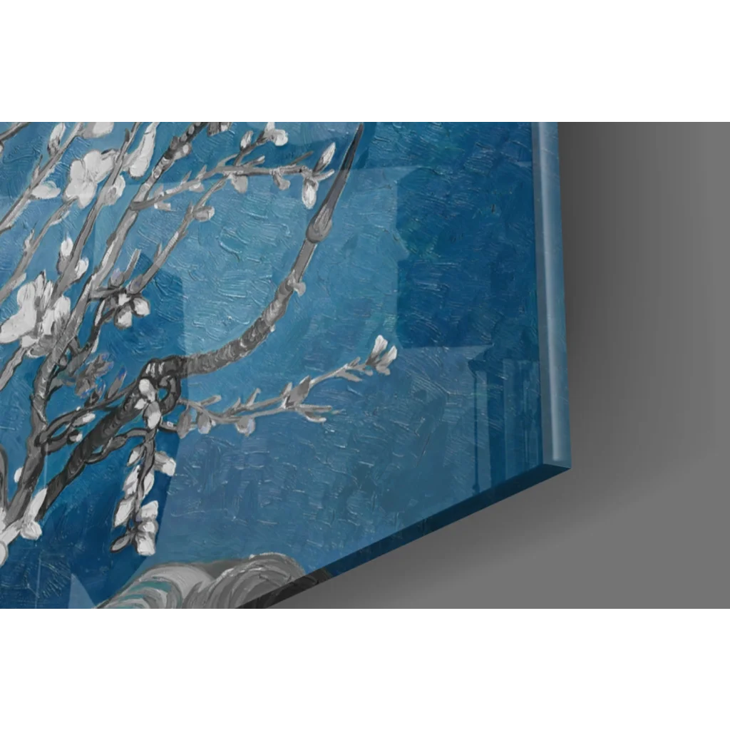 Stunning blue Van Gogh Almond Blossom glass wall art with white blossoms