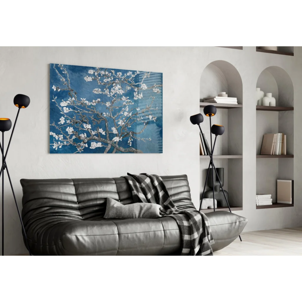 Stunning Van Gogh Almond Blossom glass wall art in blue
