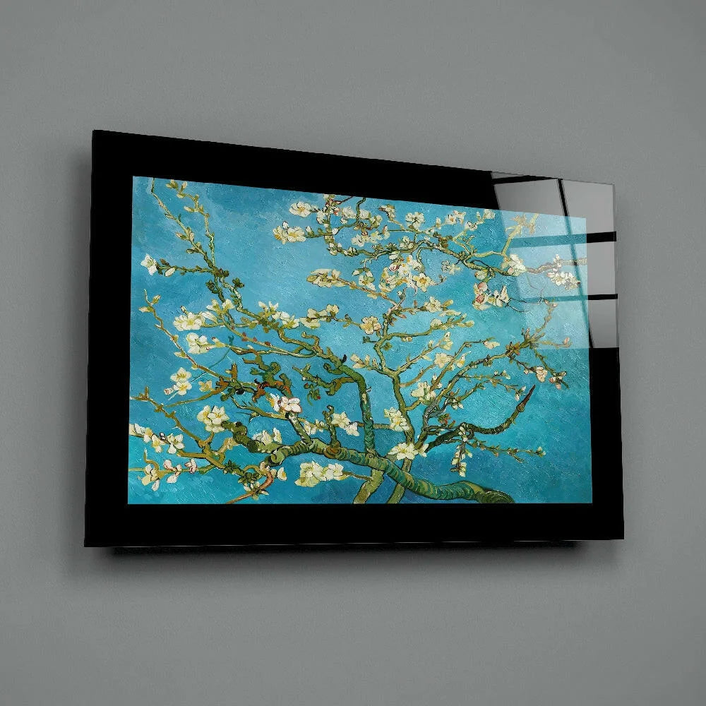 Van Gogh Almond Blossom glass wall art in turquoise