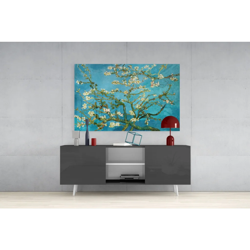 Vibrant blue Van Gogh Almond Blossoms glass wall art above sleek console