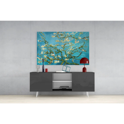 Vibrant blue Van Gogh Almond Blossoms glass wall art above sleek console