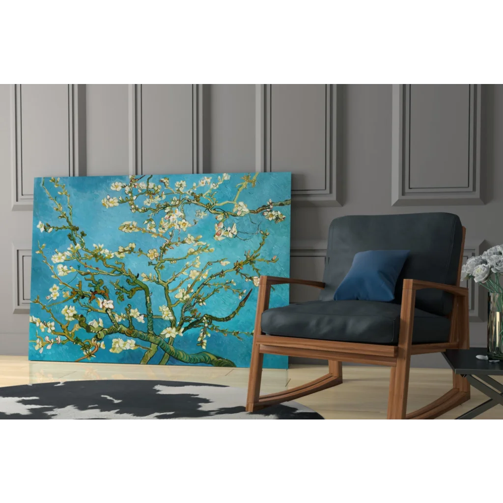 Vibrant blue Van Gogh almond blossoms glass wall art on gray wall