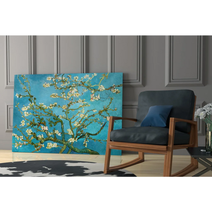 Vibrant blue Van Gogh almond blossoms glass wall art on gray wall