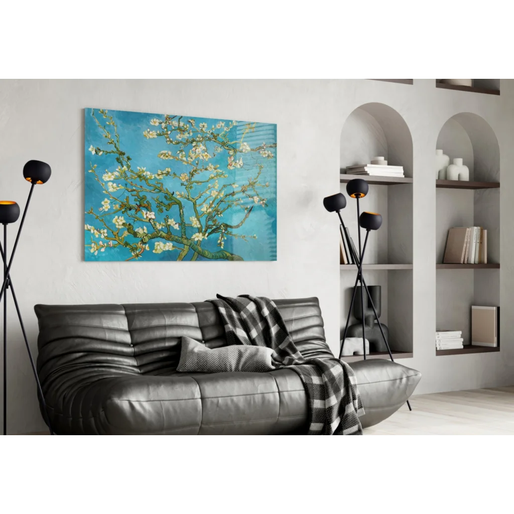 Vibrant blue Van Gogh Almond Blossoms glass wall art on canvas