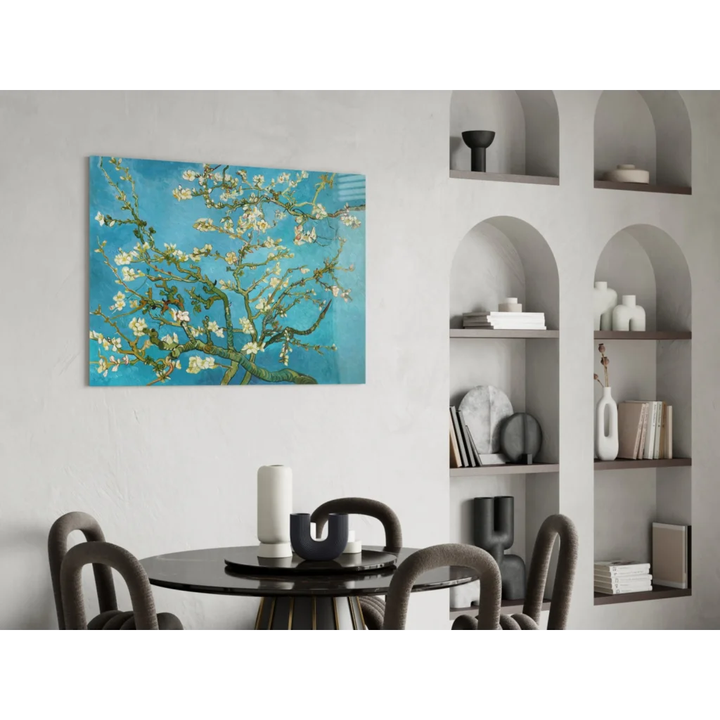 Vibrant blue Van Gogh Almond Blossoms glass wall art with delicate white flowers