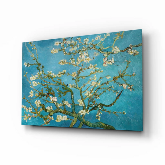 Vibrant Van Gogh Almond Blossoms glass wall art in brilliant blue