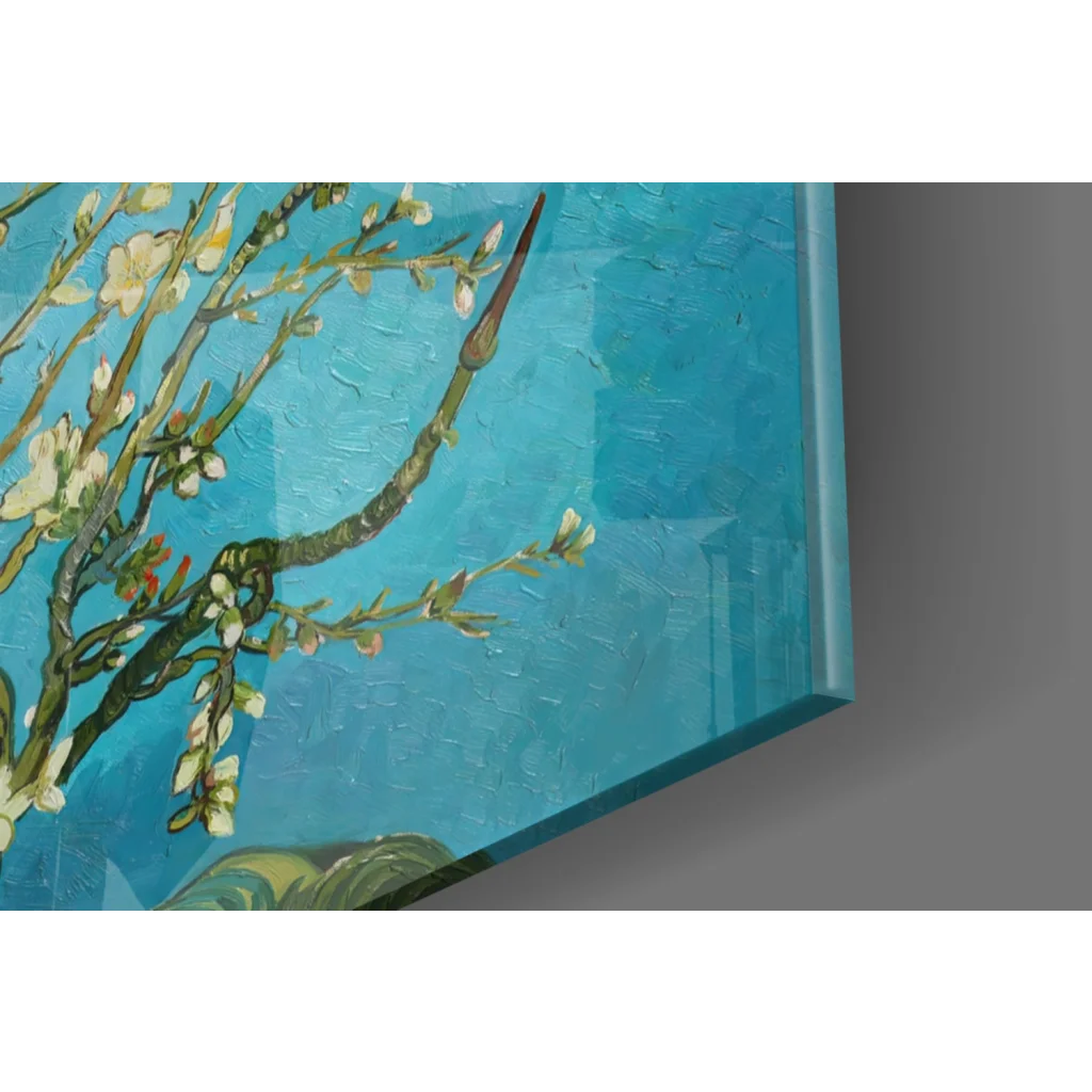 Van Gogh Almond Blossoms glass wall art in vibrant blue