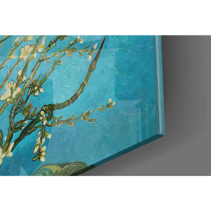 Van Gogh Almond Blossoms glass wall art in vibrant blue