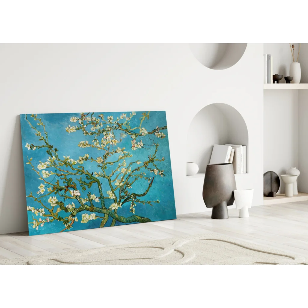 Van Gogh Almond Blossoms glass wall art with blue sky and white blooms