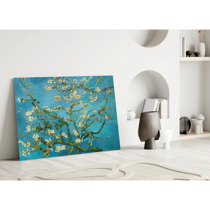 Van Gogh Almond Blossoms glass wall art with blue sky and white blooms