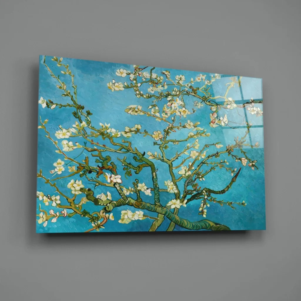 Vibrant blue glass wall art of Van Gogh Almond Blossoms