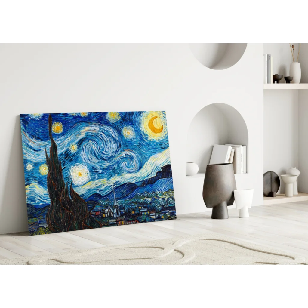 Van Gogh Starry Night glass wall art with swirling sky and cypress tree