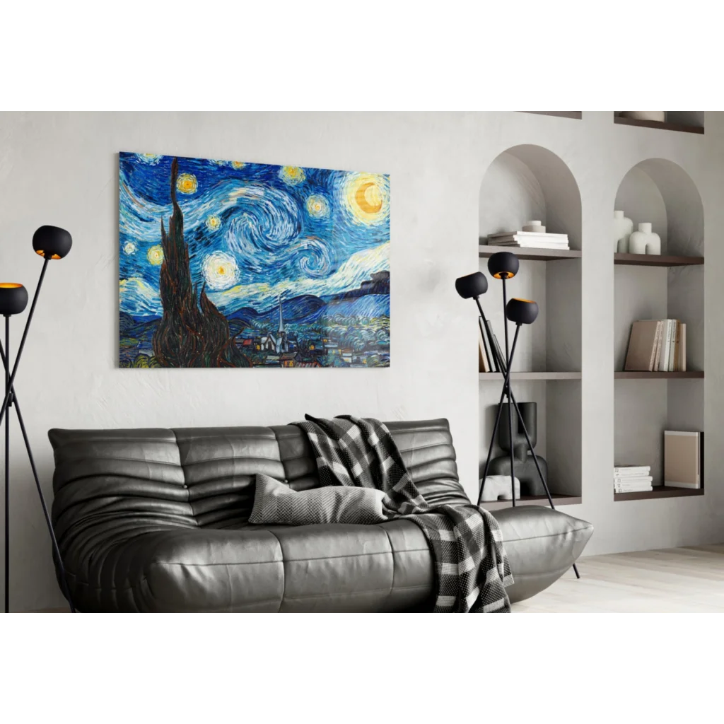 Van Gogh Starry Night glass wall art print with swirling blues