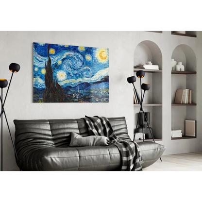 Van Gogh Starry Night glass wall art print with swirling blues