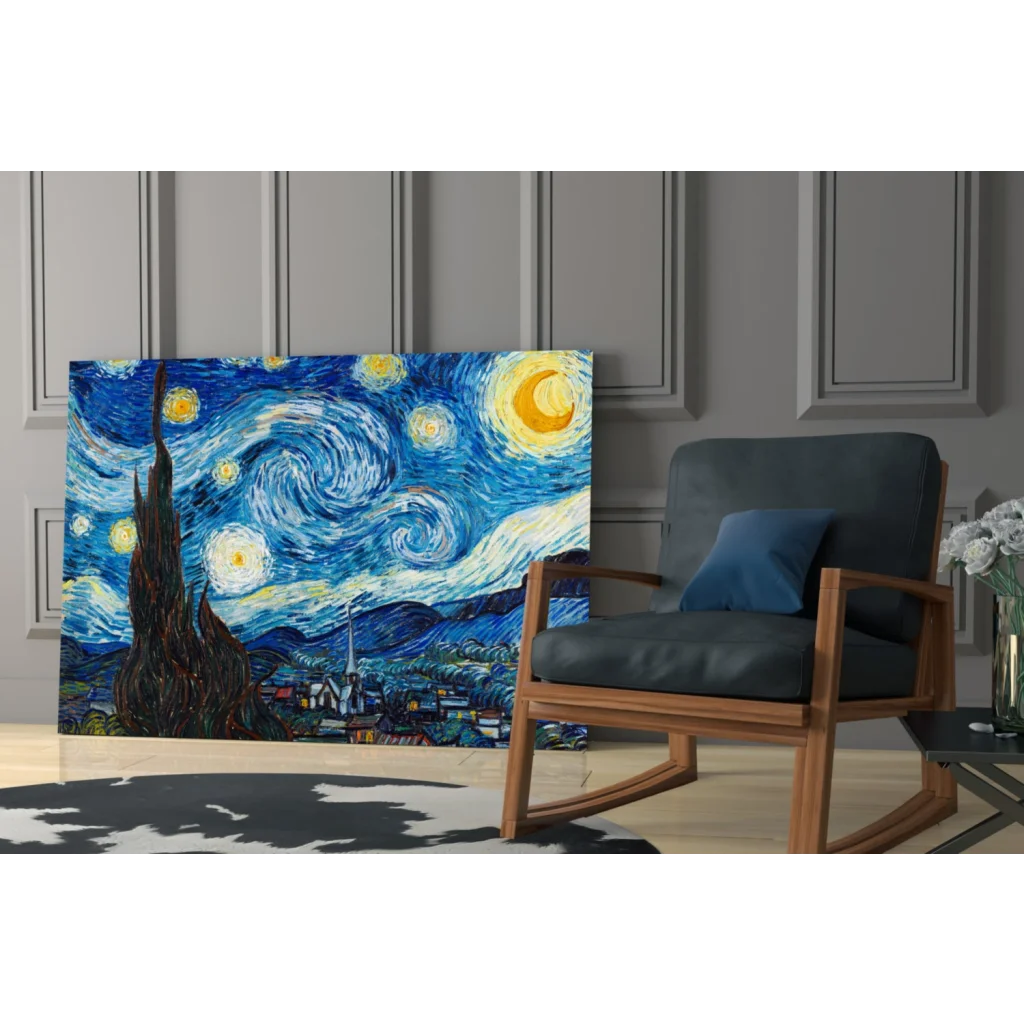 Van Gogh Starry Night glass wall art print with swirling blues