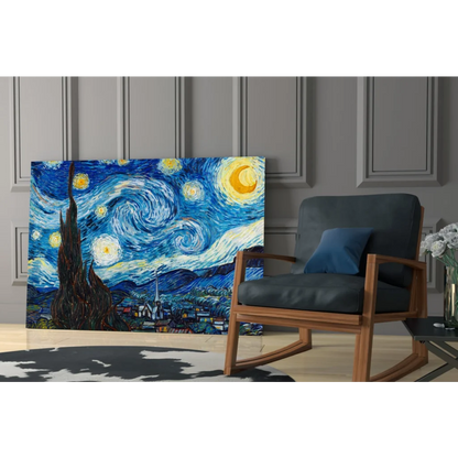 Van Gogh Starry Night glass wall art print with swirling blues