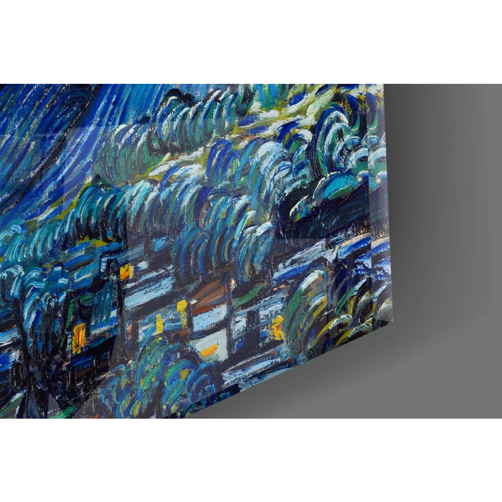 Vibrant blue green abstract waves on glossy acrylic Van Gogh Starry Night glass wall art
