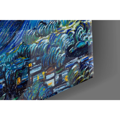 Vibrant blue green abstract waves on glossy acrylic Van Gogh Starry Night glass wall art