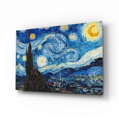 Van Gogh Starry Night glass wall art with swirling blue skies and stars