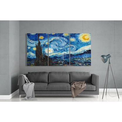 Van Gogh Starry Night glass wall art triptych with swirling blues