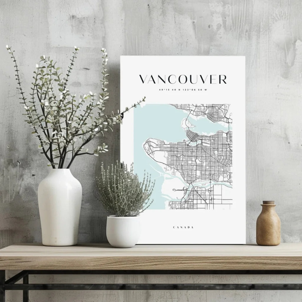 Minimalist Vancouver city map aluminum print in watercolor blue