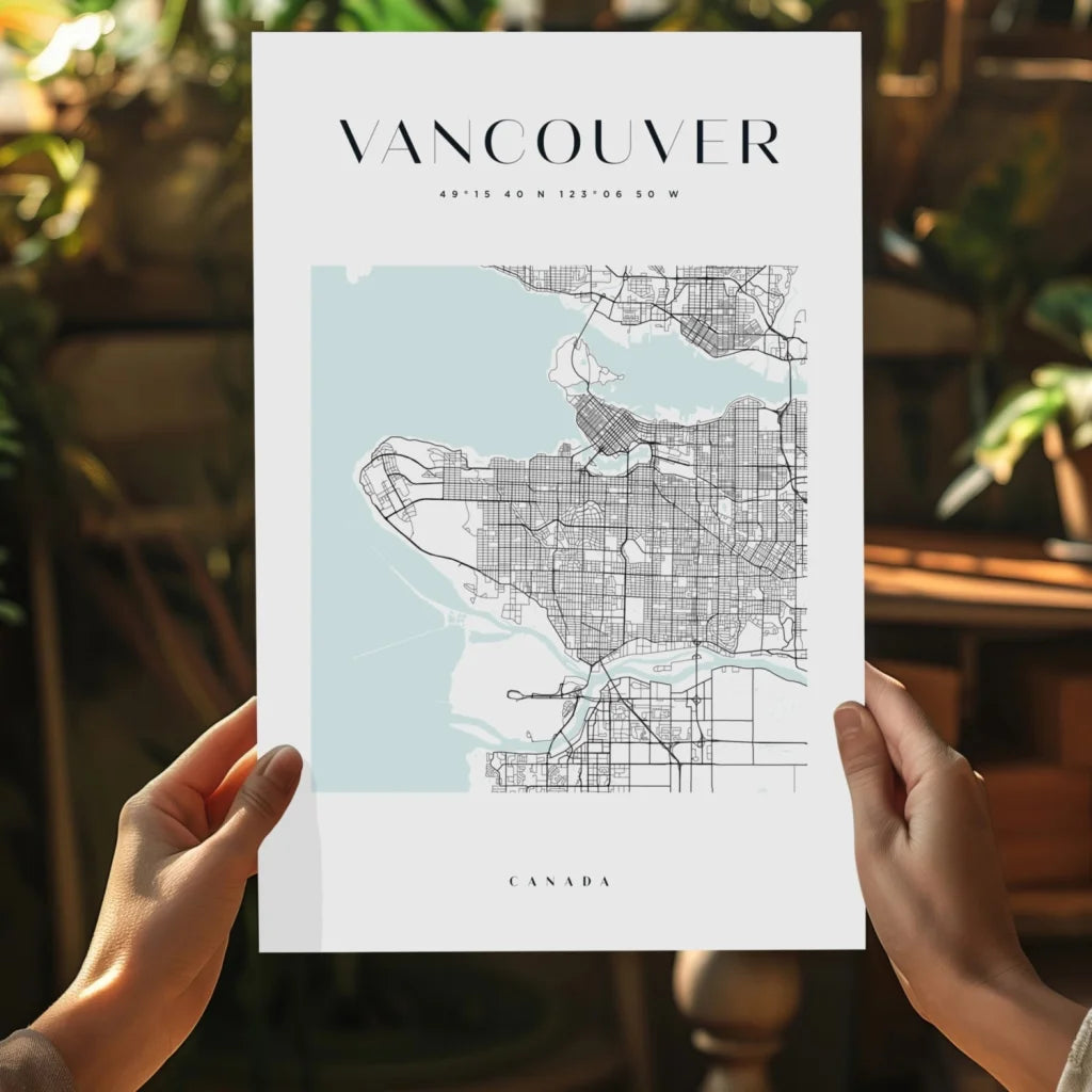 Minimalist Vancouver map aluminum print in watercolor blue