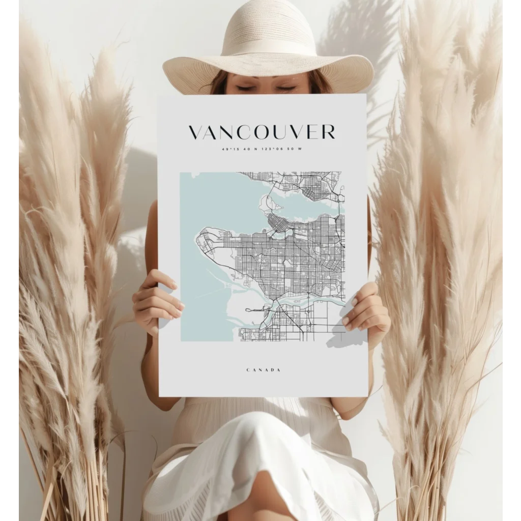Minimalist Vancouver city map aluminum print in watercolor blue