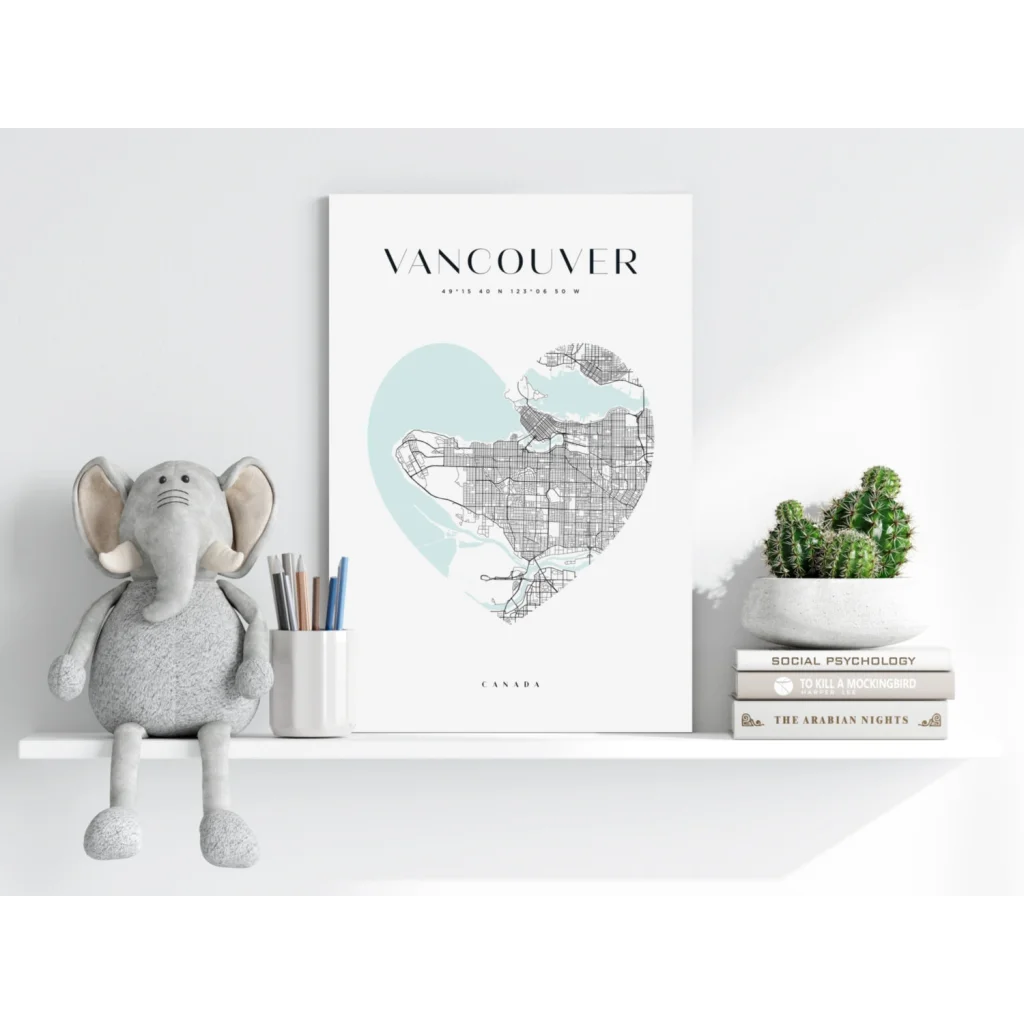 Heart-shaped Vancouver map on insigne aluminum print in teal gray tones