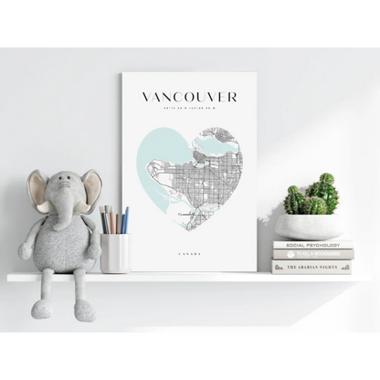 Heart-shaped Vancouver map on insigne aluminum print in teal gray tones