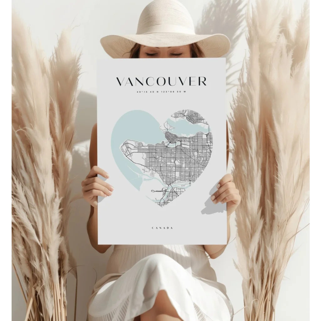 Heart shaped Vancouver map on insigne aluminum print