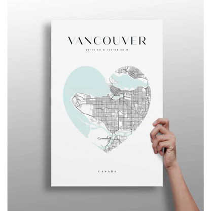 Heart shaped Vancouver map on insigne aluminum prints