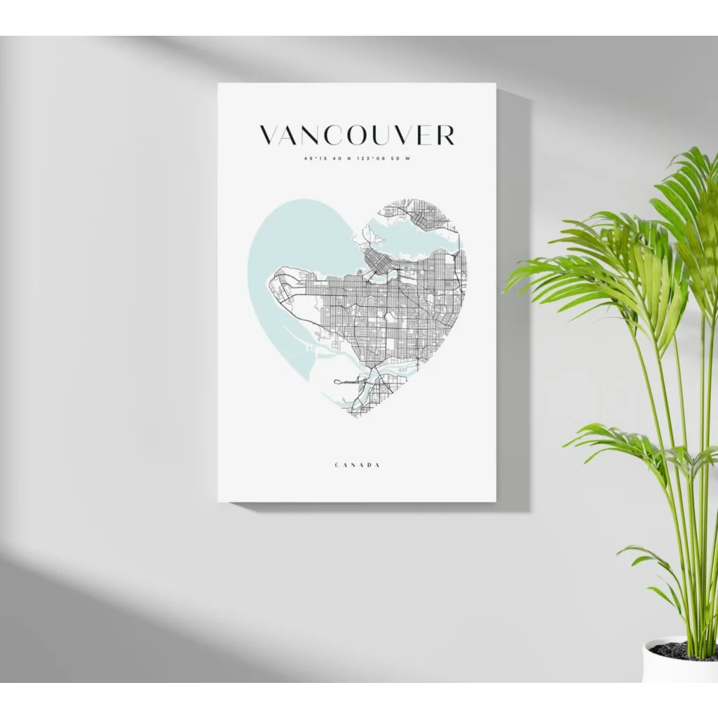 Heart-shaped Vancouver map on insigne aluminum print in gray and blue tones