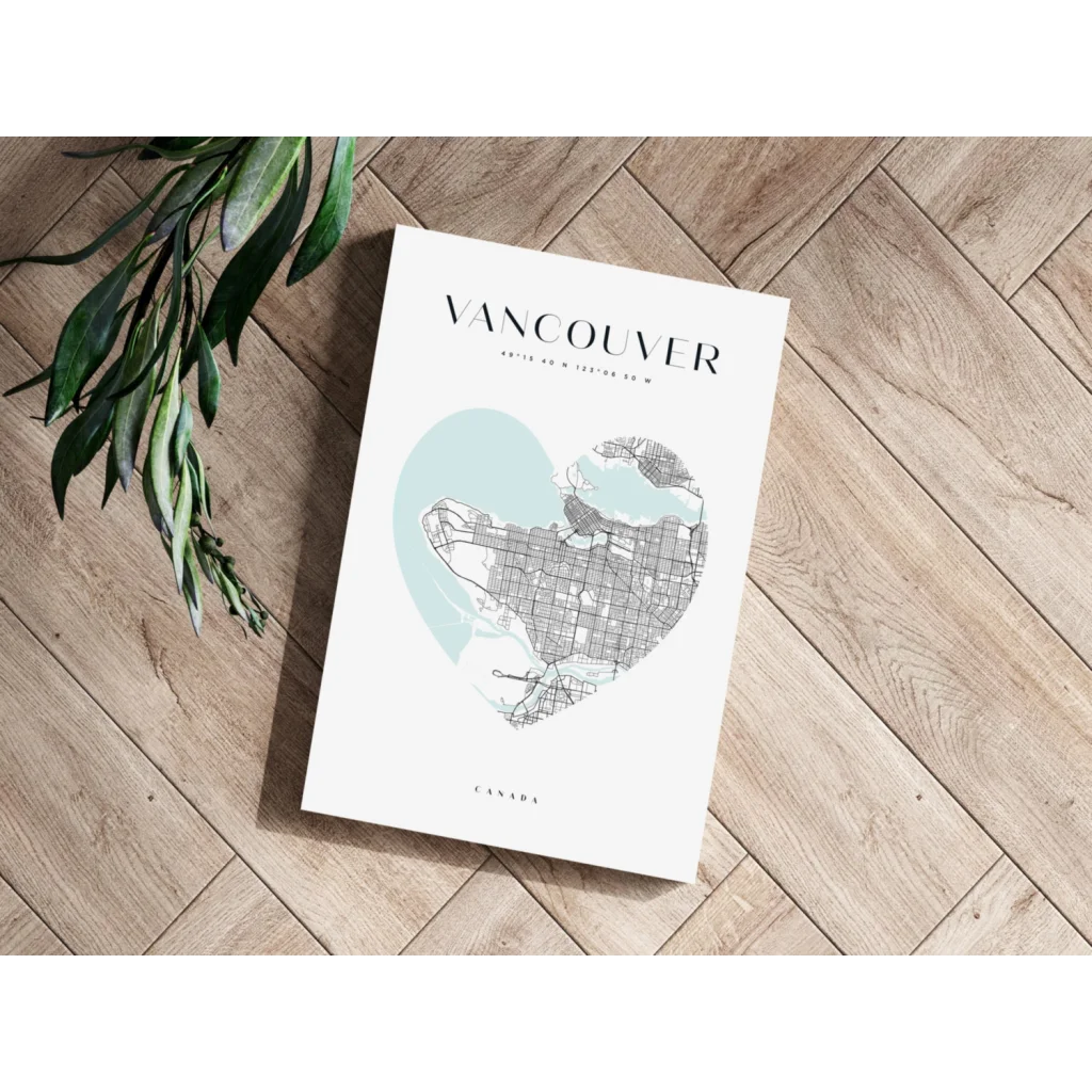 Heart shaped Vancouver map on insigne aluminum print
